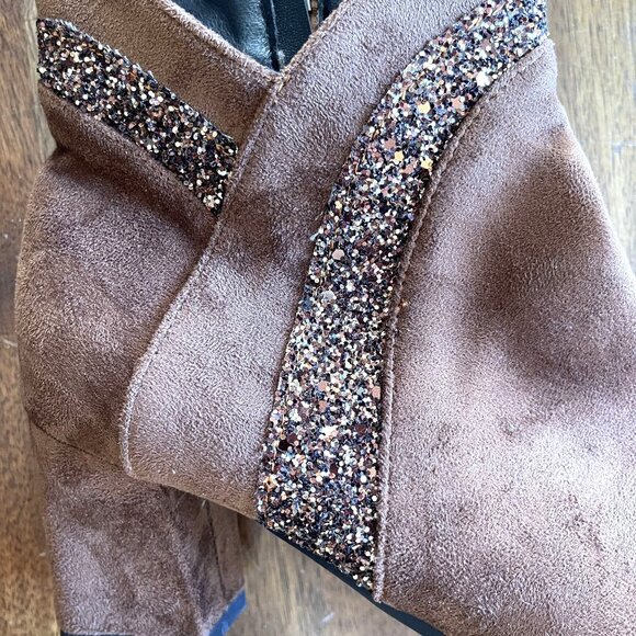 Brown Boots Womens Size 10 Suede & Glitter Ankle Boots Side Zipper & Chunky Heel - Picture 9 of 13
